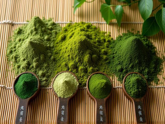 異なる等級の抹茶パウダーと緑茶の茶葉の写真